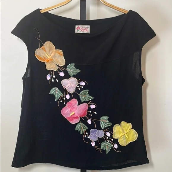 Vintage Ana Rosa Black Cap Sleeve Blouse with Floral Details - Picture 1 of 8